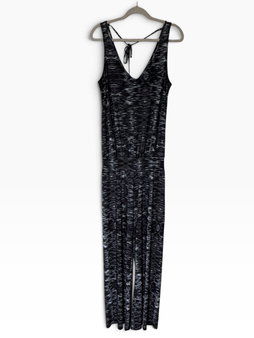Deborah Viereck Sleeveless Black Heather Jumpsuit Tie Back and flare pant Sz M